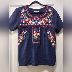 Boho Mexican Floral Embroidered Cotton Blouse L